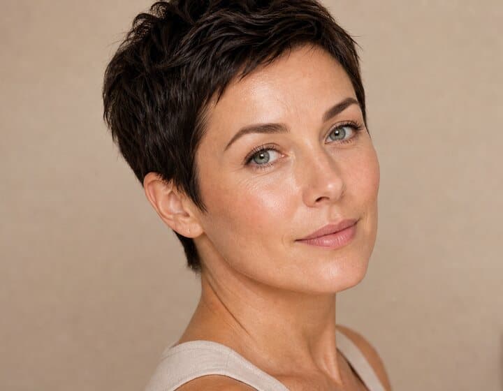 Weiße Frau mit dunklem Pixie-Haarschnitt für Microneedling Face plus NCTF