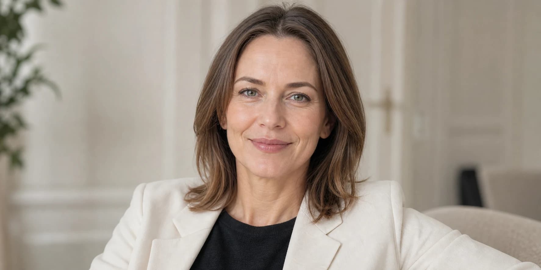 Zufriedene Frau in ihren Vierzigern mit natürlichem Ergebnis in minimalistisch-elegantem Look