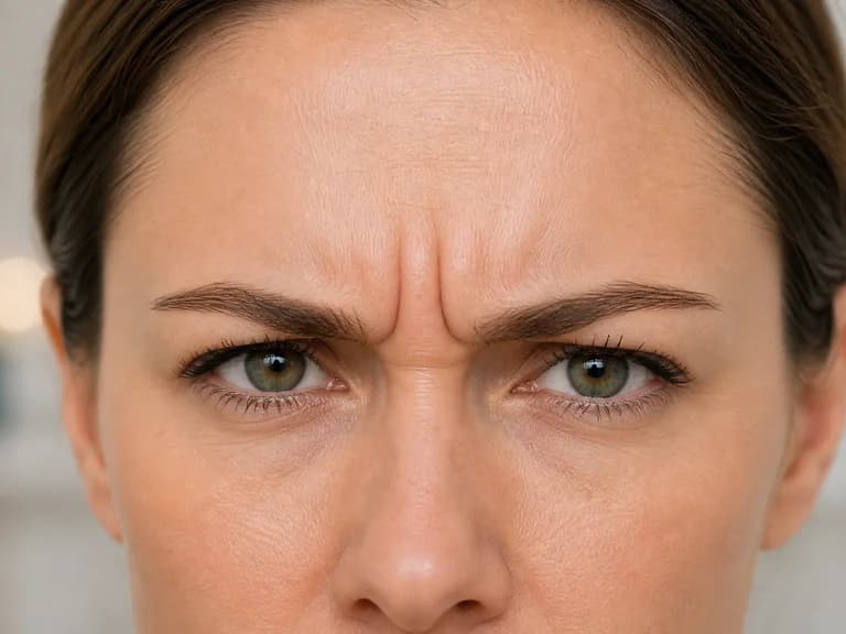 Model with focus on frown lines between the eyebrows