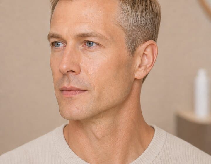 Weißer Mann mit Fokus auf Haarlinie und Kopfhaut für Microneedling Haare